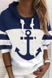 Deep Blue Casual Print Patchwork Hooded Collar Tops