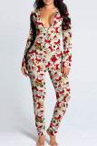 Red Casual Living Print Patchwork V Neck Regular Jumpsuits