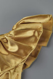 Gold Elegant Solid Patchwork Flounce Asymmetrical Oblique Collar Evening Dress Dresses