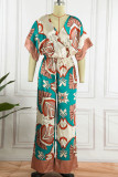 Brown Casual Print Patchwork V Neck Loose Jumpsuits