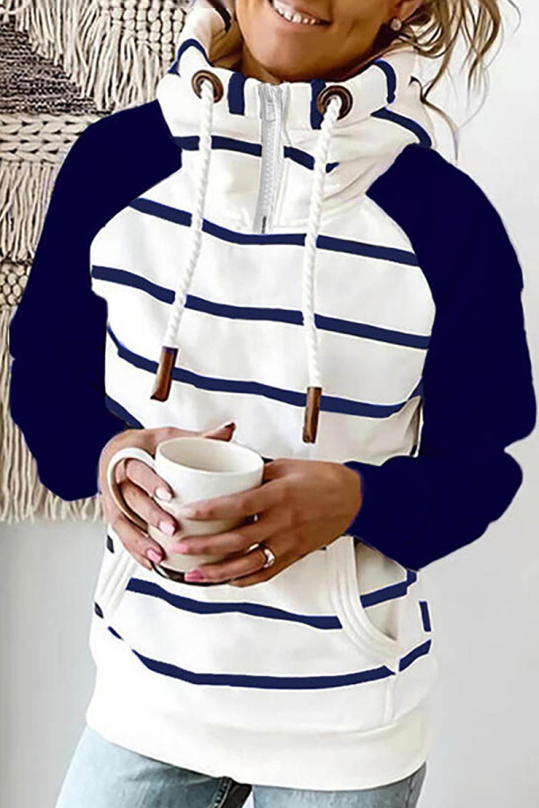 Blue White Casual Print Patchwork Hooded Collar Tops
