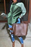 Green Casual Striped Patchwork Shirt Collar Tops