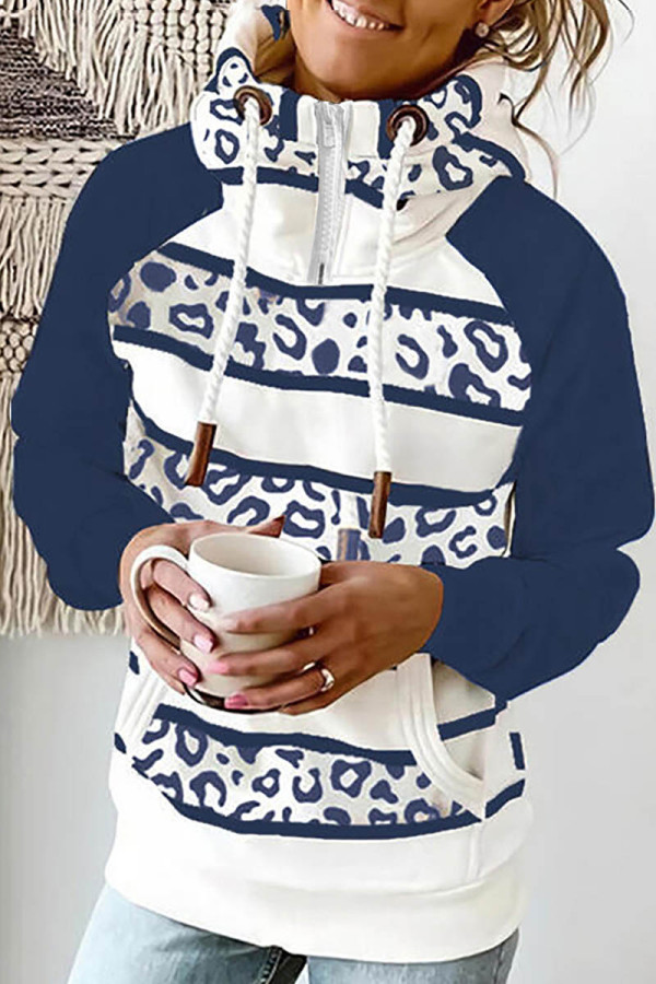 Deep Blue Casual Print Patchwork Hooded Collar Tops