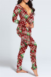 Red Casual Living Print Patchwork V Neck Regular Jumpsuits