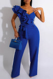 Blue Sexy Casual Solid Patchwork Backless V Neck Regular Jumpsuits