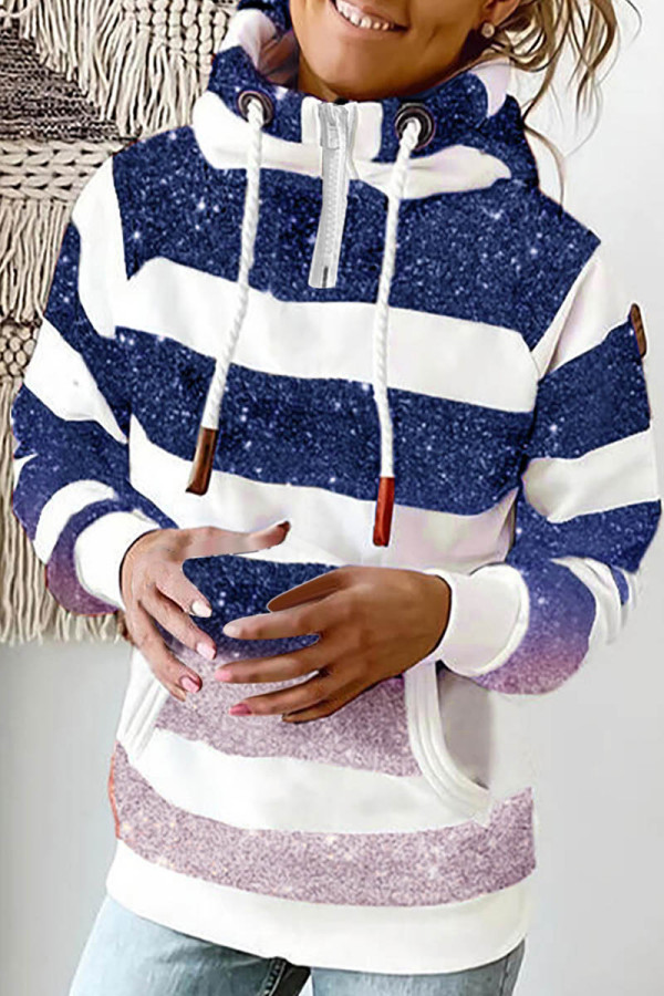 Blue Casual Print Patchwork Hooded Collar Tops