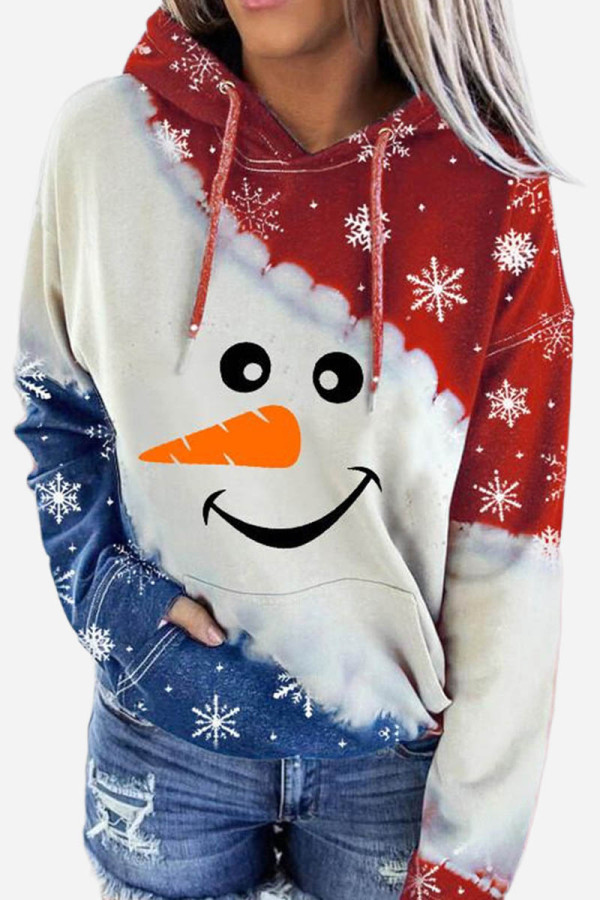 Red Casual Print Basic Hooded Collar Tops