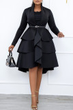 Black Casual Solid Patchwork With Belt V Neck Long Sleeve Dresses