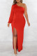 Red Sexy Formal Solid Backless Slit Oblique Collar Long Sleeve Dresses