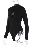 White Sexy Solid Hollowed Out Half A Turtleneck Skinny Bodysuits