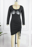Purple Street Print Patchwork Draw String Fold Asymmetrical Square Collar Irregular Dress Dresses