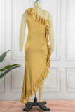 Gold Elegant Solid Patchwork Flounce Asymmetrical Oblique Collar Evening Dress Dresses