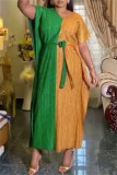 Green Yellow Casual Solid Patchwork V Neck Long Dress Dresses