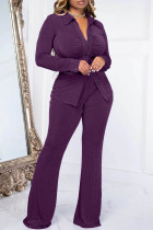 Purple Casual Solid Patchwork Turndown Collar Long Sleeve Two Pieces