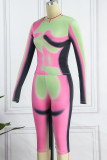Pink Sexy Street Print Patchwork O Neck Long Sleeve Two Pieces