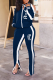 Deep Blue Street Print Hollowed Out Zipper Collar Long Sleeve Two Pieces