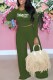 Army Green Street Print Letter O Neck Long Sleeve Two Pieces