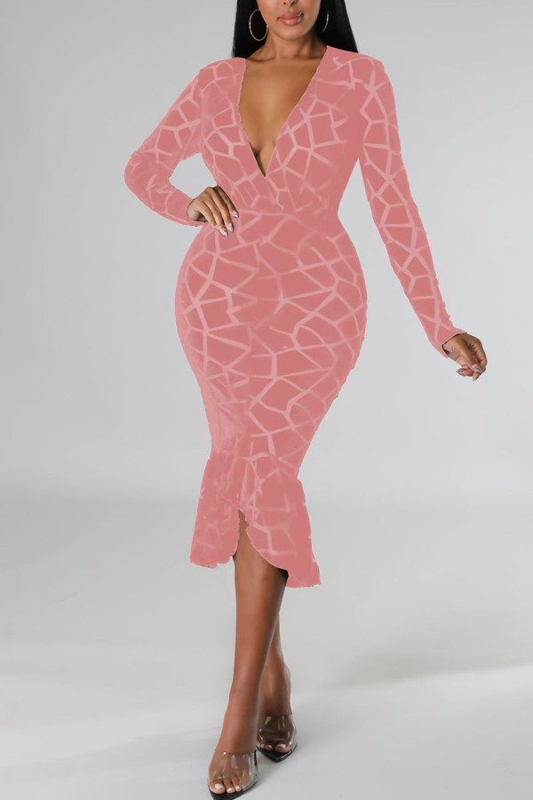 Rose Pink Sexy Solid Patchwork V Neck Trumpet Mermaid Dresses
