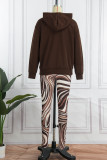 Coffee Street Print Patchwork Hooded Collar Long Sleeve Two Pieces