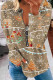Khaki Casual Print Patchwork Zipper V Neck Tops