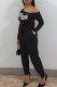 Black Casual Letter Print Patchwork Oblique Collar Regular Jumpsuits
