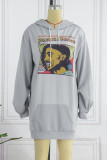 Grey Casual Print Patchwork Hooded Collar T-shirt Dress Dresses