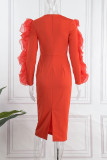 Red Elegant Solid Patchwork Flounce O Neck Evening Dress Dresses