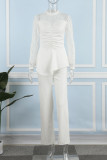 White Elegant Solid Patchwork Flounce O Neck Straight Jumpsuits