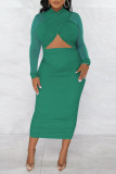 Green Sexy Solid Hollowed Out Patchwork Pencil Skirt Dresses