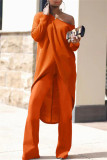 Orange Casual Solid Patchwork Asymmetrical Oblique Collar Long Sleeve Two Pieces