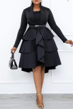 Black Casual Solid Patchwork With Belt V Neck Long Sleeve Dresses
