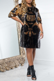 Black Street Patchwork Sequins O Neck Straight Dresses