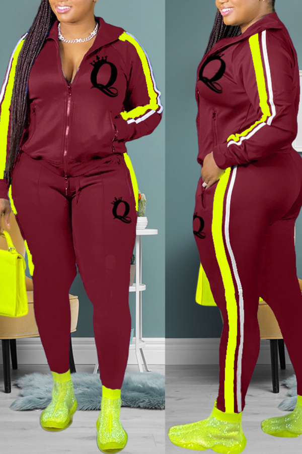 Burgundy Casual Print Draw String Zipper Collar Long Sleeve Two Pieces