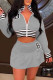 Grey Casual Letter Print Patchwork Zipper Collar Long Sleeve Two Pieces