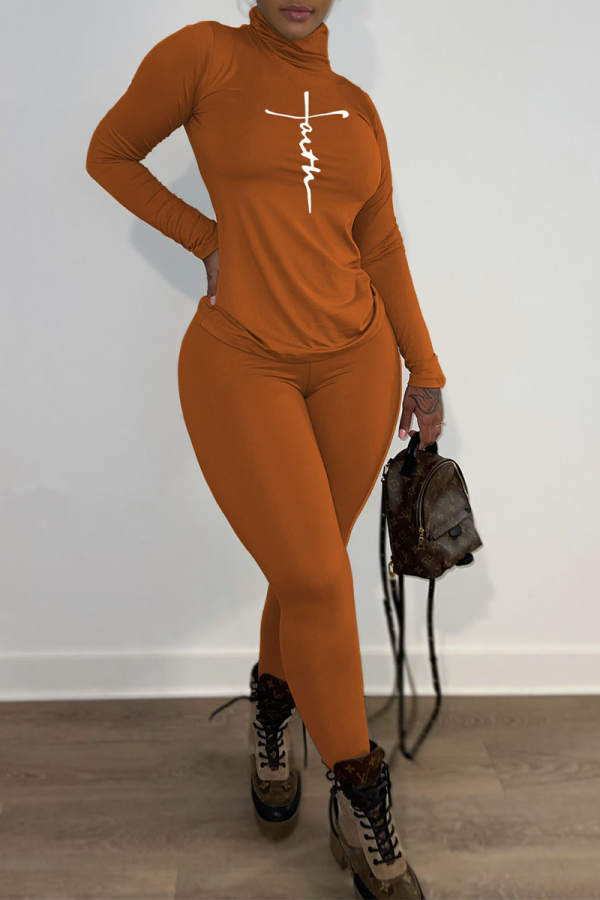 Tangerine Red Casual Print Patchwork Turtleneck Long Sleeve Two Pieces