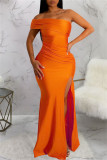 Orange Sexy Formal Solid Patchwork Backless Slit Oblique Collar Evening Dress Dresses
