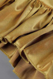 Gold Elegant Solid Patchwork Flounce Asymmetrical Oblique Collar Evening Dress Dresses