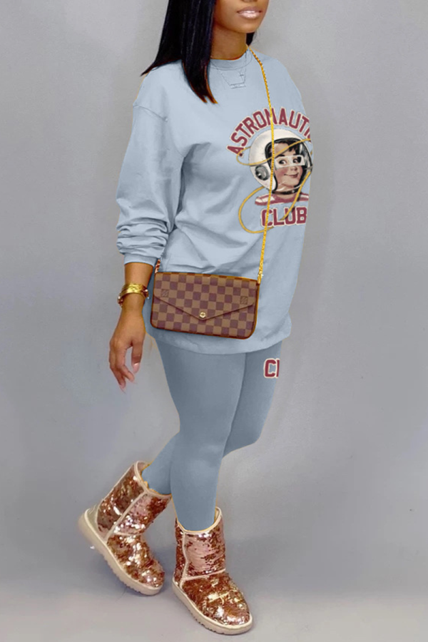 Light Blue Casual Print Patchwork O Neck Long Sleeve Two Pieces