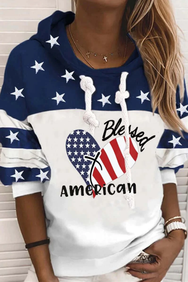 Blue White Casual Print Patchwork Hooded Collar Tops