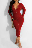 Red Casual Solid Patchwork Turndown Collar Long Sleeve Dresses