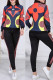 Black Elegant Print Patchwork Zipper Collar Long Sleeve Two Pieces