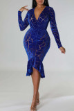 Blue Sexy Solid Patchwork V Neck Trumpet Mermaid Dresses