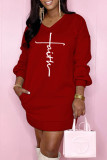 Red Casual Print Patchwork V Neck Long Sleeve Dresses