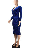 Blue Sexy Solid Patchwork V Neck Trumpet Mermaid Dresses