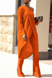 Orange Casual Solid Patchwork Asymmetrical Oblique Collar Long Sleeve Two Pieces