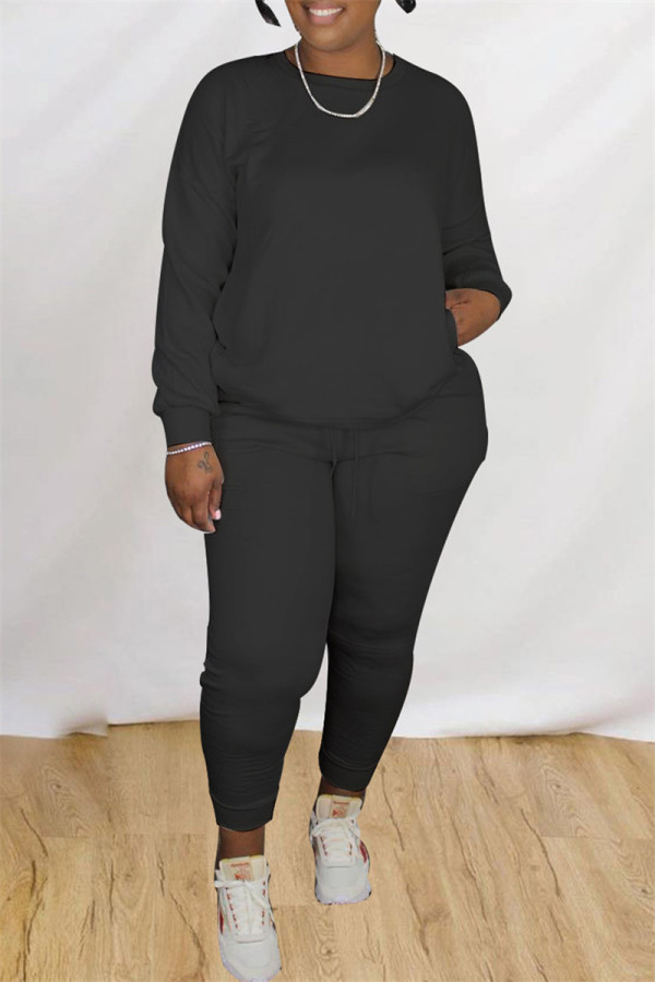Black Casual Solid Patchwork O Neck Long Sleeve Two Pieces