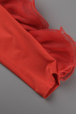 Red Elegant Solid Patchwork Flounce O Neck Evening Dress Dresses