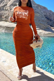 Brick Red Casual Print Fold O Neck Long Sleeve Two Pieces