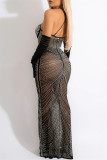 Apricot Sexy Patchwork Hot Drilling See-through Backless Spaghetti Strap Long Dress Dresses