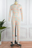 Yellow Pink Casual Print Patchwork Zipper Long Sleeve Two Pieces